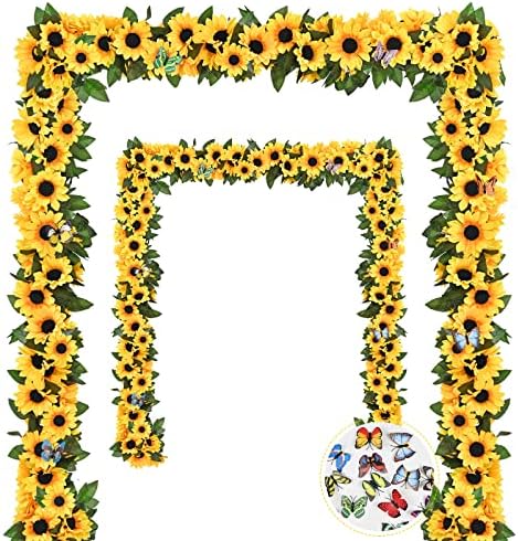 8 Pack Artificial Sunflower Garland Decor, Sunflower Vines Hanging Flowers Garland with Green Leaves, Fake Yellow Floral Vines Room Wedding Party Decoration by BLEUMCADE