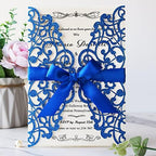 Hosmsua 50PCS Laser Cut Wedding Invitation Cards with Bowknot and Envelopes 5.12 x 7.3''Lace Rose invitation for Sweet 16 Bridal Shower Wedding Invite (Royal Blue Glitter) - Image 2