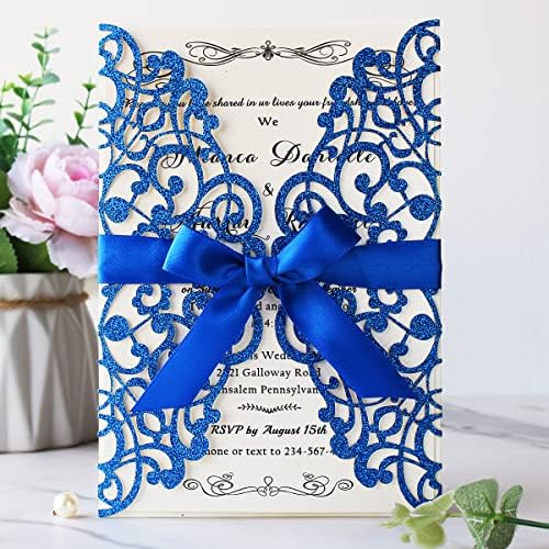 Hosmsua 50PCS Laser Cut Wedding Invitation Cards with Bowknot and Envelopes 5.12 x 7.3''Lace Rose invitation for Sweet 16 Bridal Shower Wedding Invite (Royal Blue Glitter) - Image 2