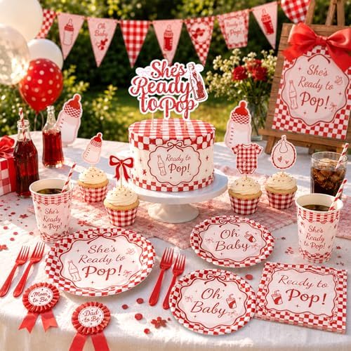 Shes Ready to Pop Baby Shower Decorations, All-in-1 Retro Soda Pop Baby Shower Decorations with Balloon Arch Baby Boxes Plates Napkins Cake Toppers Tablecloth Backdrop Banner for Gender Reveal Party - Image 2