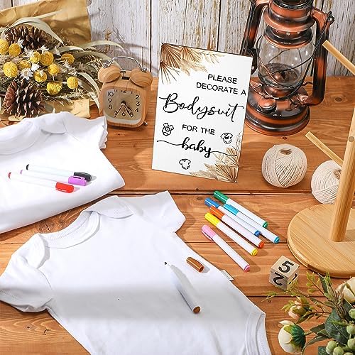 Handepo 26 Pcs Baby Shower Games DIY Bodysuit Set 1 Wooden Sign 15 White Bodysuits 10 Fabric Markers for Birth Decorating Kit(Boho) - Image 4