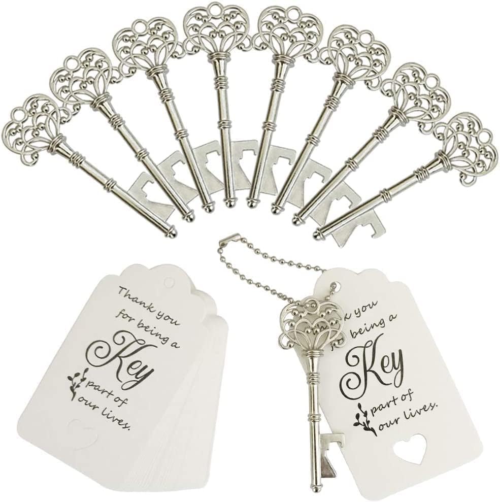 100 PCS Wedding Favors Bottle Opener,Wedding Gifts for Guest Vintage Skeleton Key Opener,Key Openers with Escort Tag Cards and Chains (Silver) - Image 2