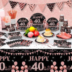 Funnymoom 452 Pcs 40th Birthday Decorations for Women Black and Rose Gold 40th Birthday Paper Plates Cups Napkins Tablecloth Cutlery Straws for Girls Women 40 Year Old Party Supplies for 50 Guests - Image 4