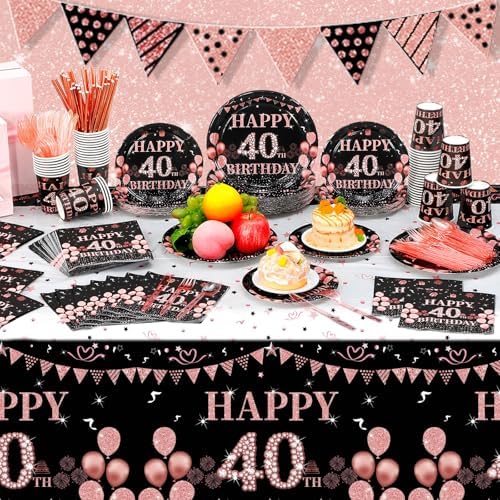 Funnymoom 452 Pcs 40th Birthday Decorations for Women Black and Rose Gold 40th Birthday Paper Plates Cups Napkins Tablecloth Cutlery Straws for Girls Women 40 Year Old Party Supplies for 50 Guests - Image 4