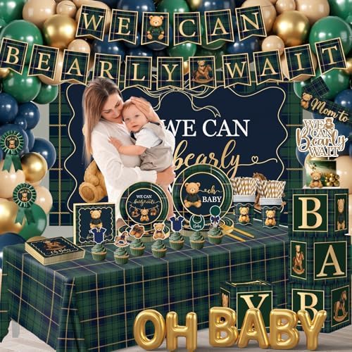 Bear Baby Shower Decorations,Tartan Plaids Teddy Bear Baby Shower Decor, Luxury Equestrian Bear Baby Shower Mom to Be Sash,Balloons,Boxes,Plates,Napkins,Backdrop for Vintage Baby Shower Gender Reveal - Image 4