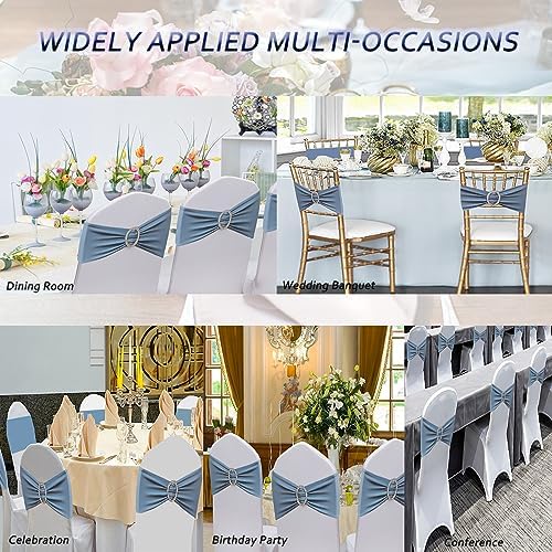 50 Pack Dusty Blue Chair Sashes, Spandex Dusty Blue Chair Bands Bows for Wedding Reception Events Decorations, Dark Blue Chair Ties for Covers - Image 4
