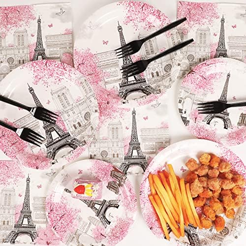 Naozinebi 200pcs Paris Eiffel Tower Plates Napkins Parisian Party Paris European City Tableware Set Landscape Pink Dinnerware Paper Tableware Bundle Baby Shower Decor Supplies Serve 50 - Image 5
