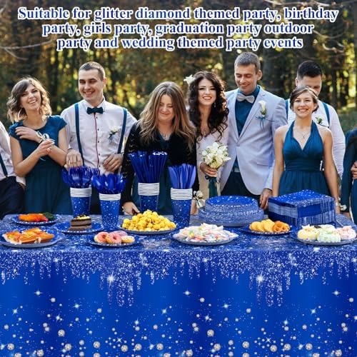 Funnymoom 452 Pcs Navy Blue Birthday Party Decoration Include Royal Blue Paper Plates Diamond Napkins Cups Tablecloth Cutlery Straws Tableware for Birthday Baby Shower Graduation Party Supplies - Image 4