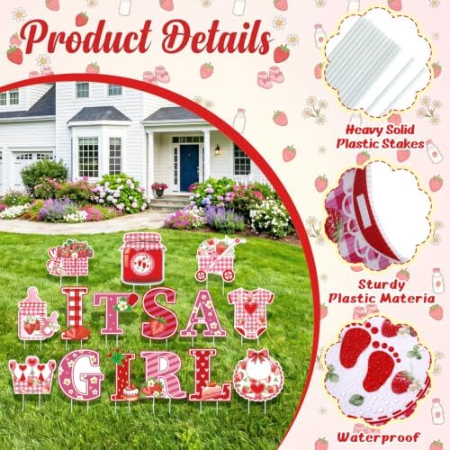 15Pcs Strawberry It's a Girl Yard Signs with Stakes, Berry Sweet Baby Shower Lawn Decorations, Red Pink Gingham Welcome Home Baby Girl Outdoor Sign for Gender Reveal Party Supplies Photo Props - Image 3