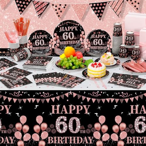 Funnymoom 452 Pcs 60th Birthday Party Decorations for Women, Black Rose Gold 60 Years Old Birthday Paper Plates Cups Napkins Tableware Set, Disposable Party Supplie for 50 Guests - Image 5