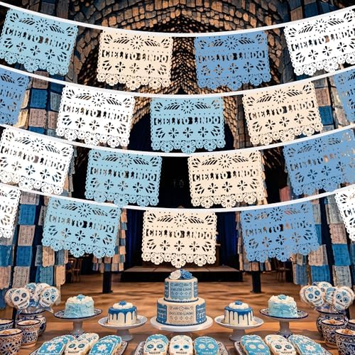 TOUROAM 4 Pack Blue Mexican Papel Picado Banner, Fiesta Party Decorations for Birthday, Baby Shower, Cinco De Mayo, Día De Los Muertos, Day of the Dead - Image 5