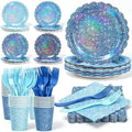 Blue Iridescent Party Tableware for 40 Guests, Holographic Paper Plates by Unknown
