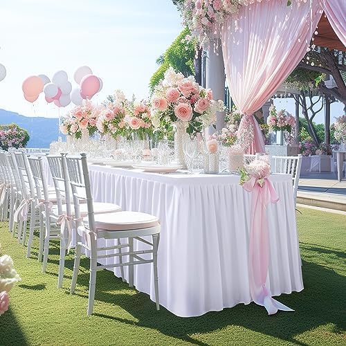 White Polyester Table Clothes for 8 Foot Rectangle Tables, Wrinkle Free Fitted Table Cover 8ft Stretch Tablecloths with Skirt for Parties Weddings Birthday Banquet Baby Shower - Image 5