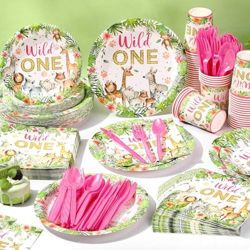 Funnymoom 400 Pcs Wild One Birthday Party Supplies for 50 Guests 1st First Safari Jungle Baby Shower Disposable Plate Napkin Cup Spoon Fork Knives for Girls Animal Party Decoration - Image 5