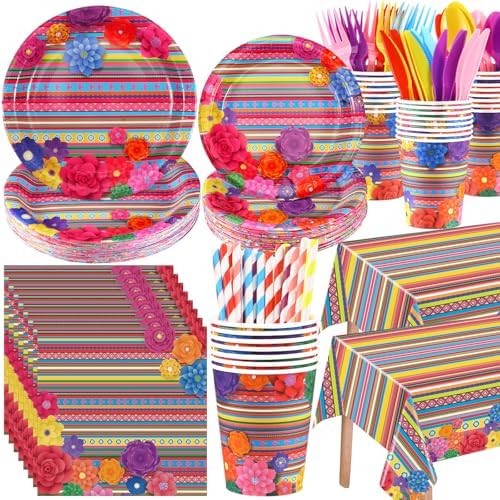 Funnymoom 452 Pcs Mexican Party Decoration for 50 Guest, Mexican Paper Plates Napkins Cups Tablecloth Cutlery Straws Fiesta Disposable Tableware Set for Mexico Taco Wedding Birthday Party Supplies by Funnymoom