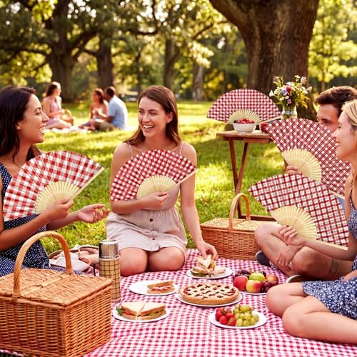Roowest 36 Pcs Red Gingham Hand Fans Bulk, Checkered Picnic Paper Fans - Image 6