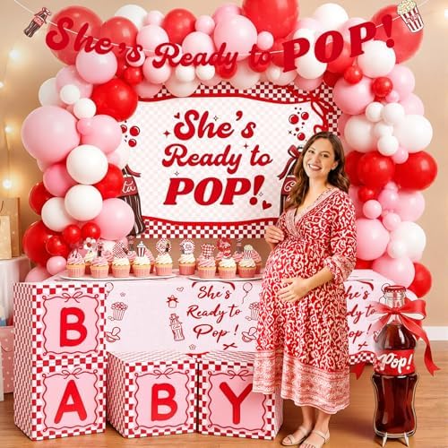 119Pcs She's Ready to Pop Baby Shower Decorations for Girl Soda Pop Theme Party Supplies with Red Pink White Balloon Garland Arch Kit Backdrop Tablecloth Banner Baby Boxes and Cake Toppers - Image 7