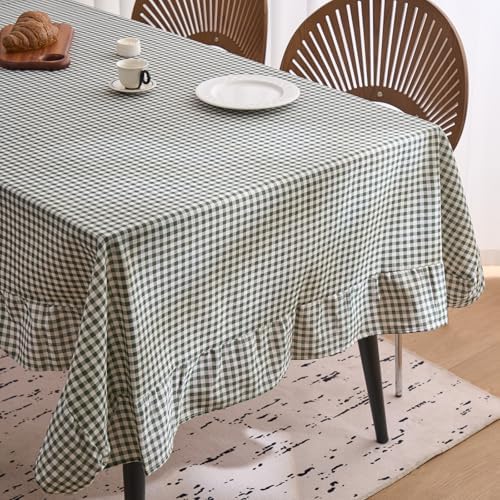 vctops Farmhouse Green Plaid Ruffle Table Cloth, Boho Cotton Linen Tablecloth, Washable Table Cover for Rectangle Table Baby Shower Kitchen Party Wedding Decor (Grey Green,55"x118") - Image 5