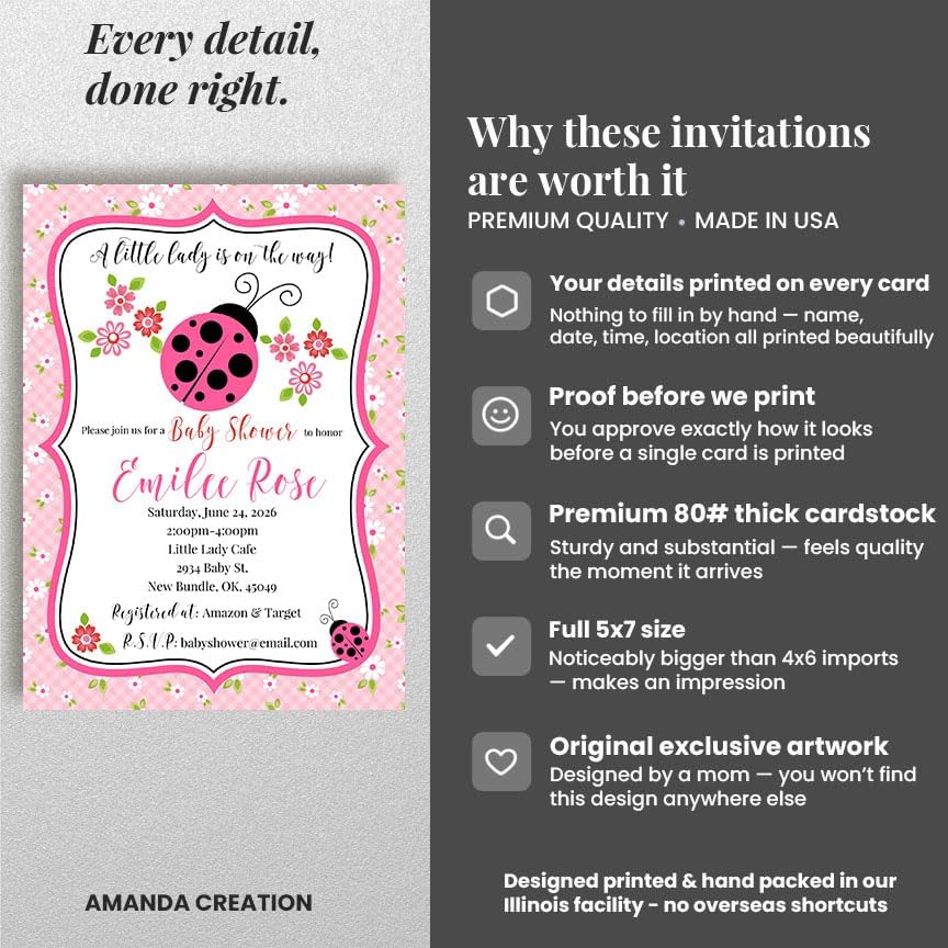 20 Custom Baby Shower Invitations with Envelopes – Personalized Little Lady Pink Ladybug 5x7 Invite Set | Fully Customizable, Proof Included, Customizable Kit of Matching Thank You Cards, Stickers & Diaper Raffle Tickets | Made in USA - Image 4