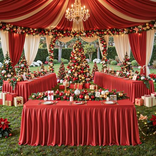 6 Packs Red Satin Tablecloths Rectangle 8FT, Glitter Spandex Fitted Stretch Table Covers Wrinkle-Free Floor Length Shimmer Table Skirt for Weddings Parties Baby Shower Banquets Vendor Events - Image 7