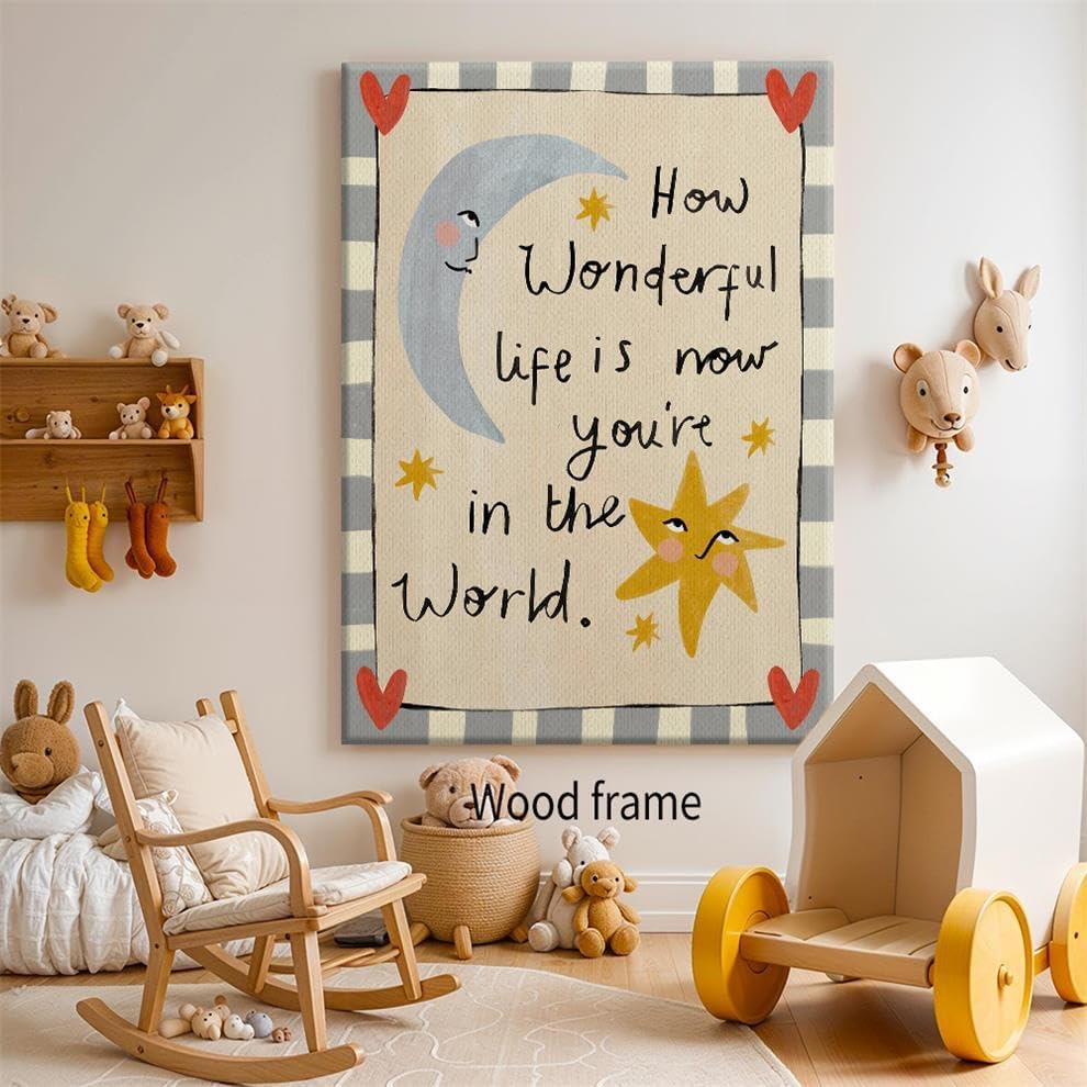 Wrapped Framed Colorful Kids Quotes Motivational Wall Art 16x24 inch HOW WONDERFUL LIFE IS NOW YOU'RE IN THE WORLD Poster Cute Moon And Stars Canvas Prints Nursery Classroom Wall Decor - Image 4