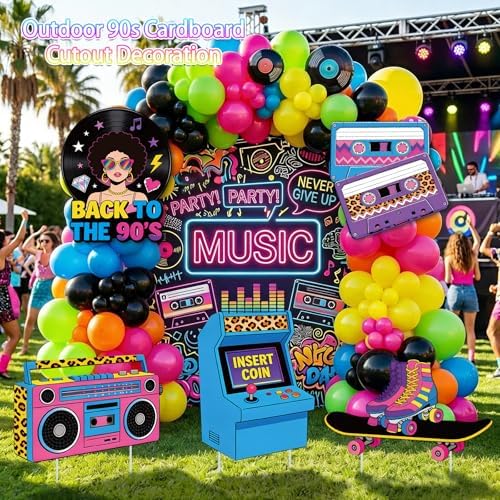 5Pcs 90s Party Decorations, Large Retro Theme Cardboard Cutouts Arcade Game Machine Boombox Vintage 90s Yard Sign for Neon Hip Hop Music Birthday Indoor Outdoor Photo Props Booth Backdrop - Image 2