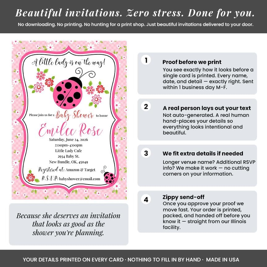 20 Custom Baby Shower Invitations with Envelopes – Personalized Little Lady Pink Ladybug 5x7 Invite Set | Fully Customizable, Proof Included, Customizable Kit of Matching Thank You Cards, Stickers & Diaper Raffle Tickets | Made in USA - Image 3