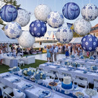 12 Pcs Chinoiserie Party Decorations Set 10" Blue and White Porcelain Paper Lanterns Triangle Flag Bunting Banner Chinese Japanese Hanging Decorations for Wedding Birthday Party Baby Shower Home Decor - Image 4