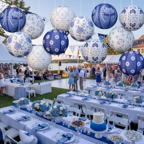 12 Pcs Chinoiserie Party Decorations Set 10" Blue and White Porcelain Paper Lanterns Triangle Flag Bunting Banner Chinese Japanese Hanging Decorations for Wedding Birthday Party Baby Shower Home Decor - Image 4