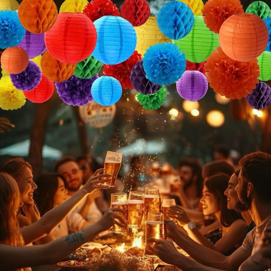 WOLHOWLTD Colorful Paper Decoration Set - 36 Pcs Paper Lanterns, Pompoms, Honeycomb Decorations for Wedding Rainbow Birthday Party Mexican Fiesta Classroom, Wedding, Home Decoration (6 Mixed Colors) - Image 3