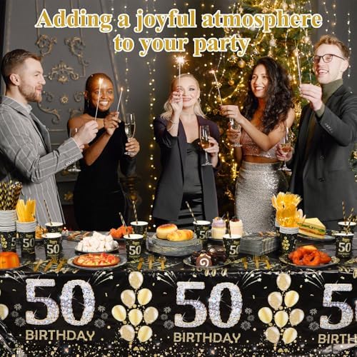 Funnymoom 452 Pcs 50th Birthday Decorations for Men, Black and Gold 50th Birthday Paper Plates Cups Napkins Tablecloth Cutlery Straws for Men Women 50 Year Old Party Supplies for 50 Guests - Image 5
