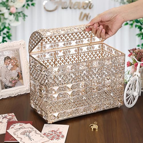 ELLDOO Crystal Wedding Card Box with Heart Lock, Vintage Money Card Box Treasure Chest Style Gold Gift for Wedding Receptions, Centerpiece Decor, Anniversary Keepsake, Gift, Large Size - Image 2
