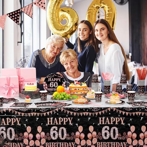 Funnymoom 452 Pcs 60th Birthday Party Decorations for Women, Black Rose Gold 60 Years Old Birthday Paper Plates Cups Napkins Tableware Set, Disposable Party Supplie for 50 Guests - Image 4