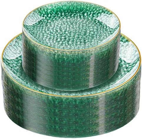 Rubtlamp 60 Green Plastic Plates, Hammered Clear and Gold Disposable Plates, Grenn Disposable Plates Include 30 Dessert Platos, 30 Dinner Platos for Party by Rubtlamp