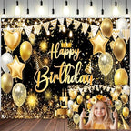 Black Gold Happy Birthday Party Decorations Backdrop, Happy Birthday Backdrop Banner Anniversary Party Photo Booth Background Golden Balloons Glitter Star Birthday Party Photo Background, 12X10ft by Viajar