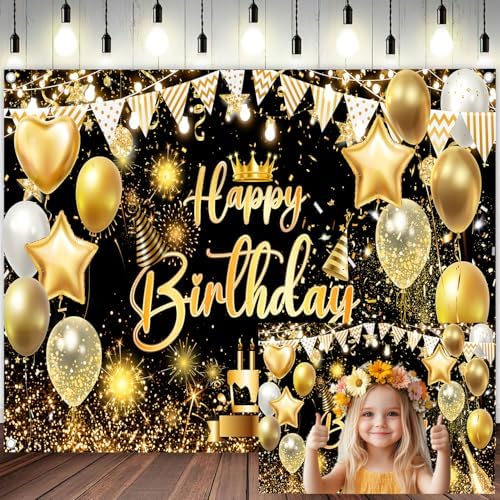 Black Gold Happy Birthday Party Decorations Backdrop, Happy Birthday Backdrop Banner Anniversary Party Photo Booth Background Golden Balloons Glitter Star Birthday Party Photo Background, 15X10ft by Viajar