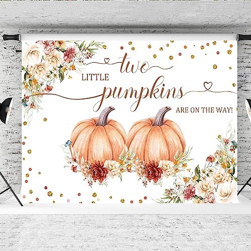 Hilioens 10×8ft Pumpkin Twins Baby Shower Backdrop Autumn Two Little Pumpkins are On The Way Fall Gender Reveal Photography Background Fall Floral Gold Dots Party Banner Decorations by Hilioens