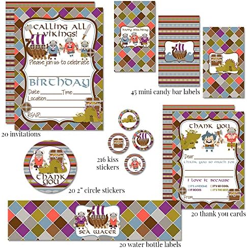 Amanda Creation Deluxe Viking Birthday Party Bundle Includes 20 Each of Invitations & Thank You Cards with Envelopes + 2 Sizes of Stickers, Mini Candy Bar Wrappers & Water Bottle Labels! - Image 2