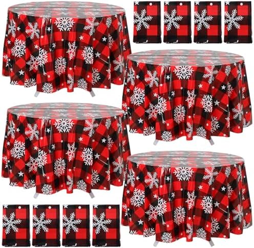 Ganeen 12 Pcs Snowflake Black and Red Buffalo Plaid Tablecloth 84" Round by Ganeen