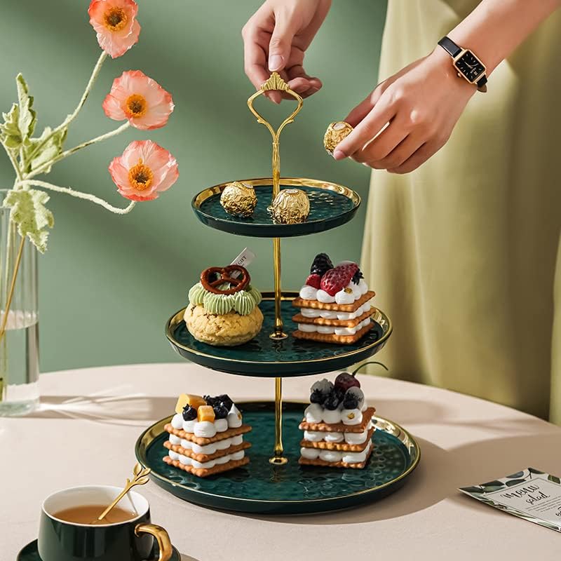 Tosnail Set of 2 Porcelain Cupcake Stand Ceramic Dessert Stand Tiered Serving Trays with Gold Rod, 3 Tiers and 2 Tiers Cake Stand Party Serving Trays Fruit Pastry Holders for Wedding and Party, Green - Image 4