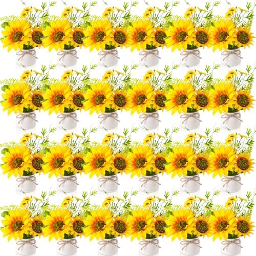 Zeyune Artificial Sunflower Potted Plants Rustic Wedding Table Centerpieces Summer Spring Kitchen Silk Yellow Flower with Plastic Pot for Home Bathroom Office Bridal Shower(24 Pcs,White,Sunflower) by Zeyune