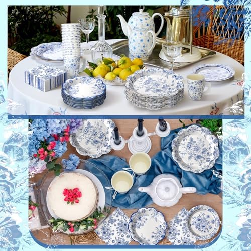 Pickmesh 252 Pcs Blue Floral Tea Party Supplies for 36 Guests Blue and White Porcelain Paper Disposable Dinnerware Floral Teacups with Handle and Saucers Set for Tea Party Decorations Birthday Wedding - Image 6