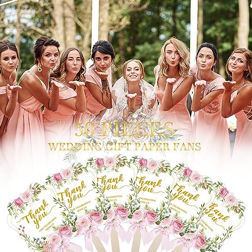 Huwena 50 Sets Wedding Fans for Guests Thank You for Celebrating with Us Fans Hand Fans Handheld Folded Fan Baby Shower Favors for Bridal Bridesmaid Gift Church Dancing(Pink,Floral) - Image 2
