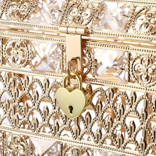 ELLDOO Crystal Wedding Card Box with Heart Lock, Vintage Money Card Box Treasure Chest Style Gold Gift for Wedding Receptions, Centerpiece Decor, Anniversary Keepsake, Gift, Large Size - Image 6