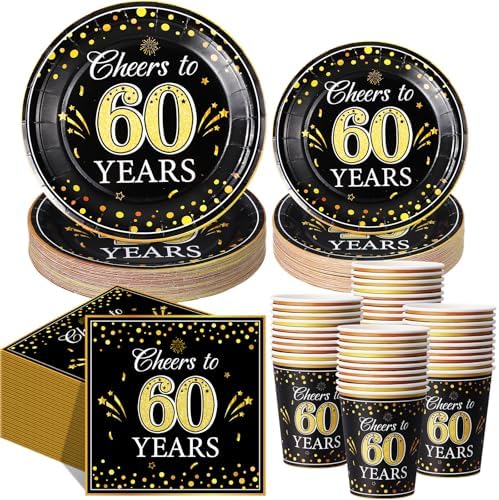 Pickmesh 250 Pcs 60th Birthday Party Supplies Decorations Serve 50 Black Gold Cheers to 60 Years Disposable Paper Plates Napkins and Cups for Women Men 50th Birthday Wedding Anniversary Party Supplies by Pickmesh