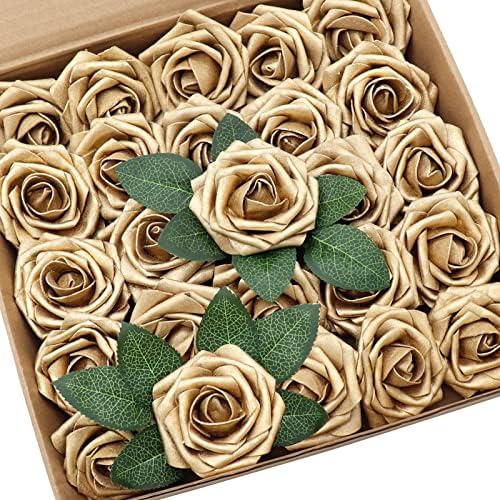 D-Seven Artificial Flower 50pcs Gold Fake Roses with Stem for DIY Wedding Bouquets Floral Arrangements Bridal Shower Baby Shower Party Home Decor by D-Seven