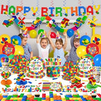 198Pcs Building Block Birthday Party Decorations with Plates, Napkins,Cups,Banner,Backdrop,Tablecloth, Balloons,Cake Toppers,Honeycombs for Boys Kids Birthday Party Supplies Serve 24 Guests - Image 2