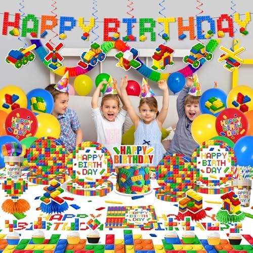 198Pcs Building Block Birthday Party Decorations with Plates, Napkins,Cups,Banner,Backdrop,Tablecloth, Balloons,Cake Toppers,Honeycombs for Boys Kids Birthday Party Supplies Serve 24 Guests - Image 2