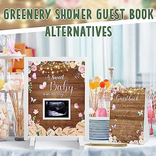 Kosiz Baby Shower Guest Book Frame, 60 Guests Wooden Hearts, Wood Floral - Image 5