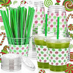 50 Pack Christmas Plastic Cups with Lids and Straws 12oz Lime Green and Red by Sliner